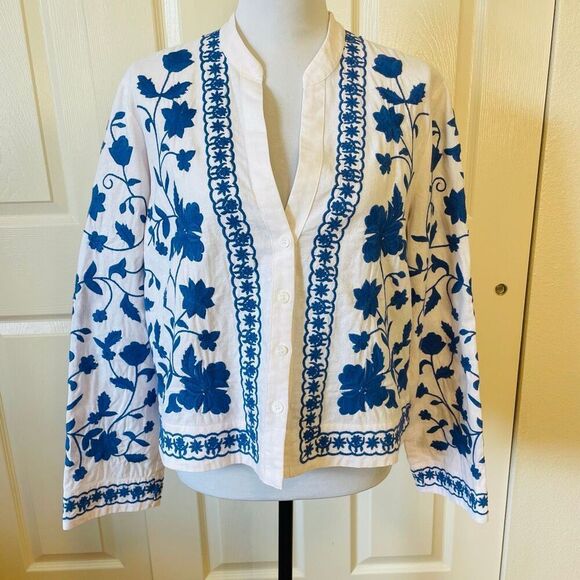 Zara Embroidered Cotton Button Down Overshirt Light Jacket White and Blue Size L - Picture 5 of 12